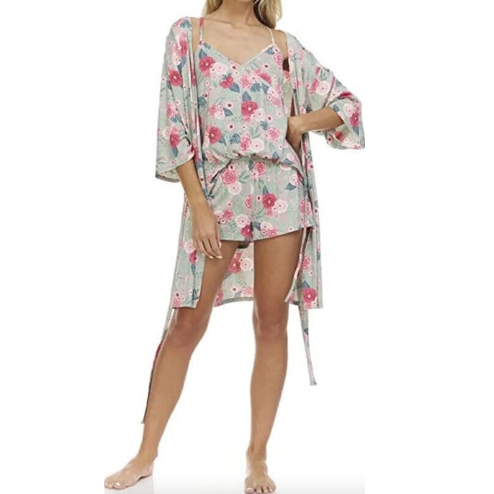 NWT Flora Nikrooz Floral Robe Size Medium Loungewear Green Pink Boho Dress Gown